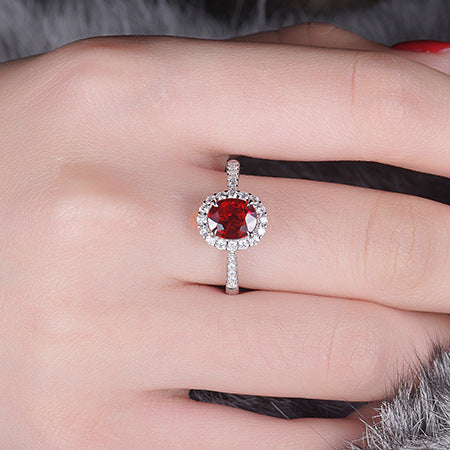 New Fashion Exquisite Oval Artificial Ruby Group Inlaid Zircon Color Treasure Open Ring Female Live Broadcast Jewelry