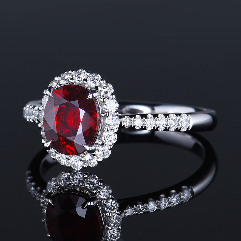 New Fashion Exquisite Oval Artificial Ruby Group Inlaid Zircon Color Treasure Open Ring Female Live Broadcast Jewelry