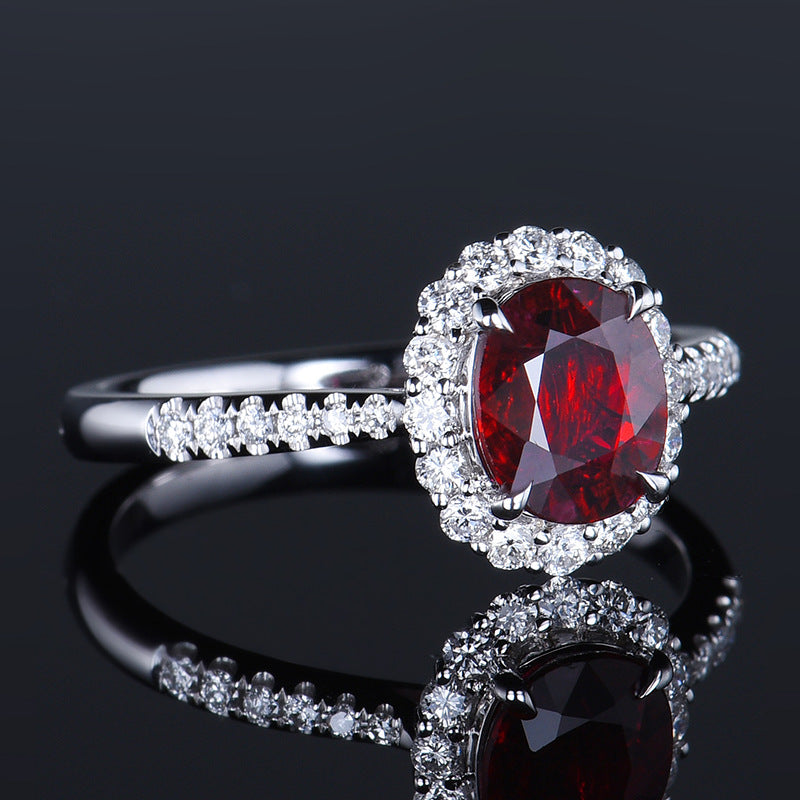 New Fashion Exquisite Oval Artificial Ruby Group Inlaid Zircon Color Treasure Open Ring Female Live Broadcast Jewelry