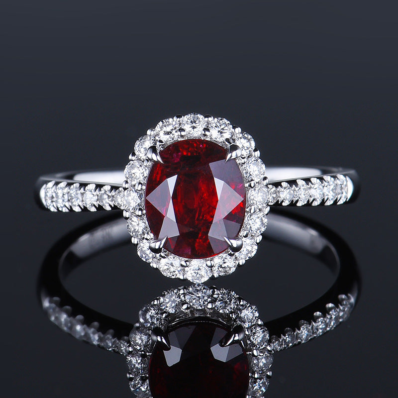 New Fashion Exquisite Oval Artificial Ruby Group Inlaid Zircon Color Treasure Open Ring Female Live Broadcast Jewelry