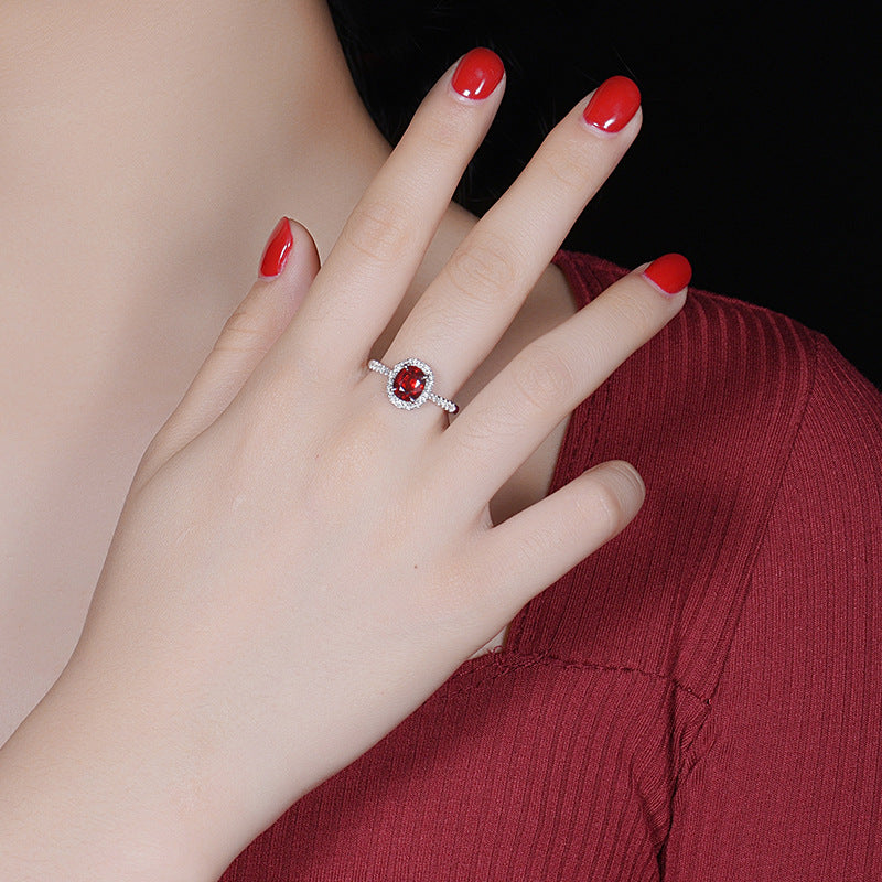 New Fashion Exquisite Oval Artificial Ruby Group Inlaid Zircon Color Treasure Open Ring Female Live Broadcast Jewelry