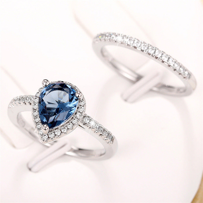 Huitan New Style Water Drop Zircon Combination Ring Elegant Women's Dark Blue Zircon Pair Ring Pear-shaped Fashion Women's Accessories