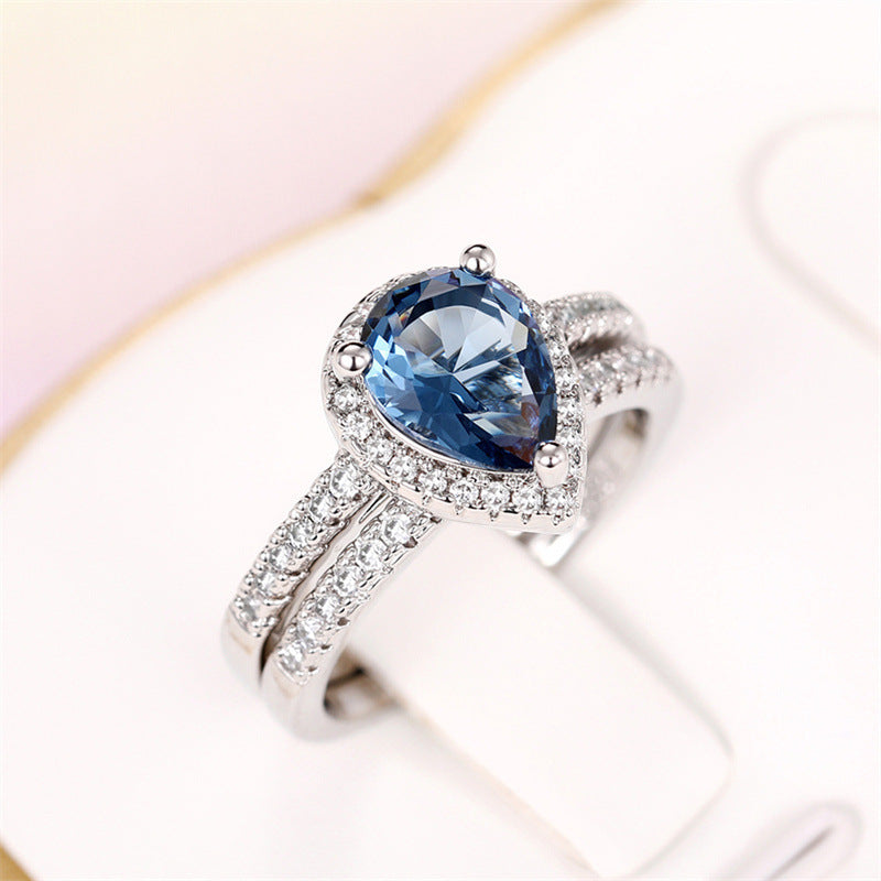 Huitan New Style Water Drop Zircon Combination Ring Elegant Women's Dark Blue Zircon Pair Ring Pear-shaped Fashion Women's Accessories