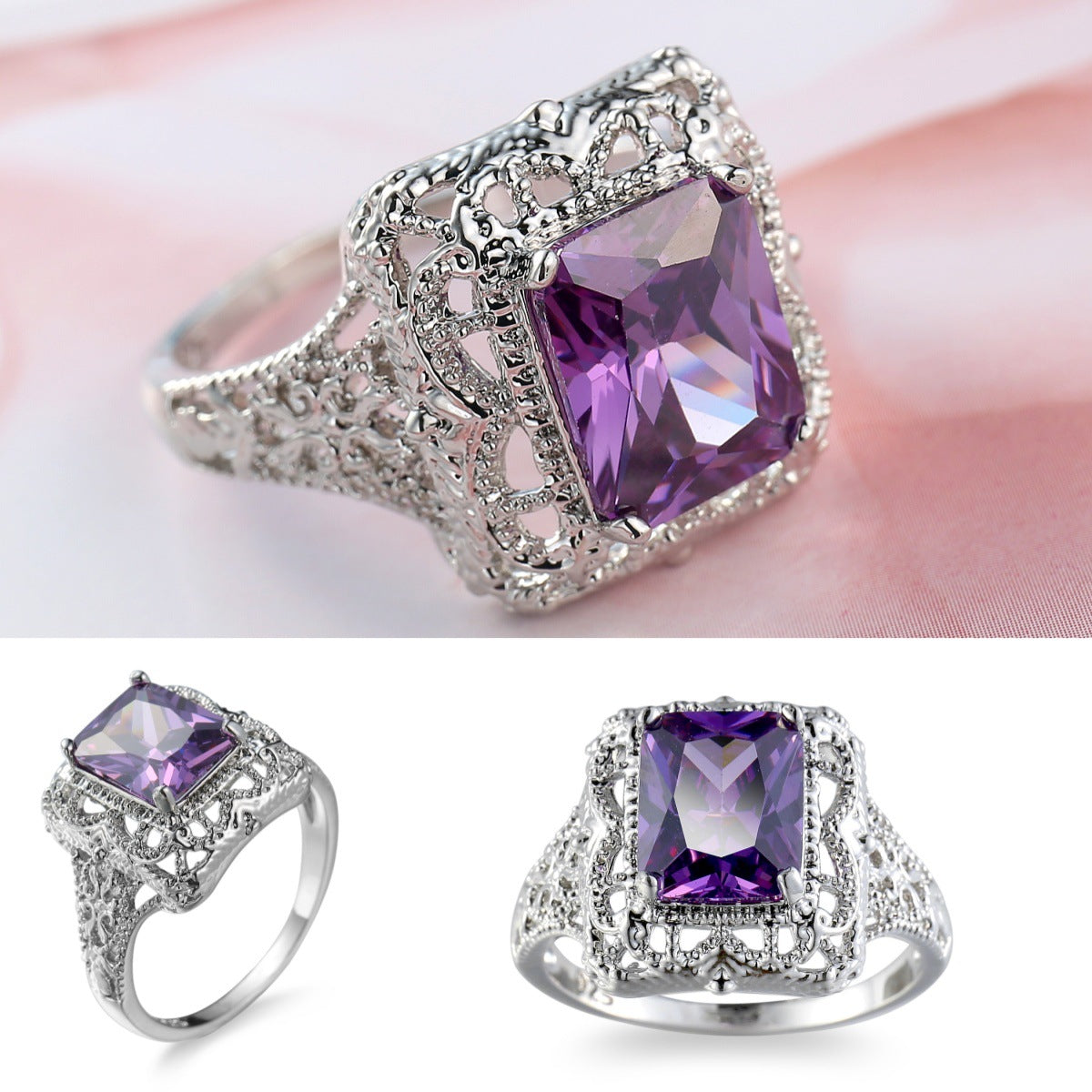 Cross-border Hot Jewelry Men's And Women's Purple Zircon Fashion Ring Retro Hollow Jewelry Simple Joker Jewelry Wholesale