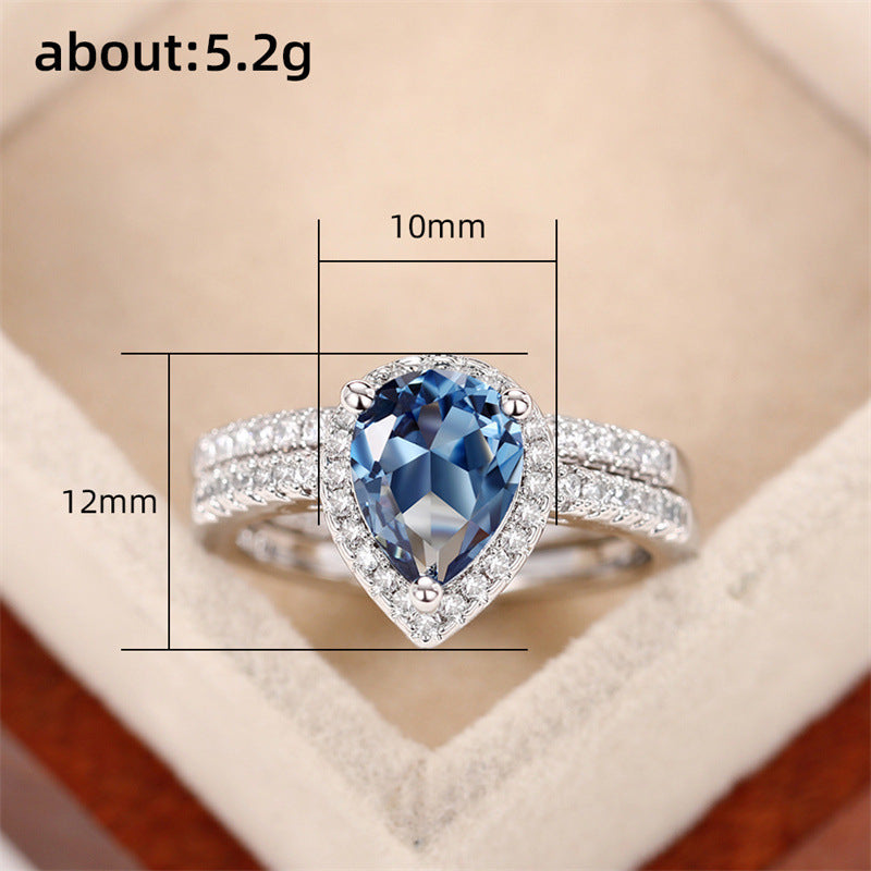 Huitan New Style Water Drop Zircon Combination Ring Elegant Women's Dark Blue Zircon Pair Ring Pear-shaped Fashion Women's Accessories